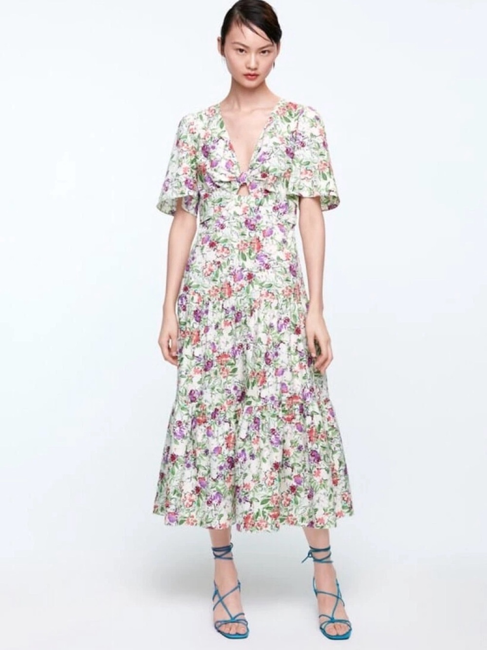 Zara Floral cutout V-Neck Midi Dress in White Green Print size large